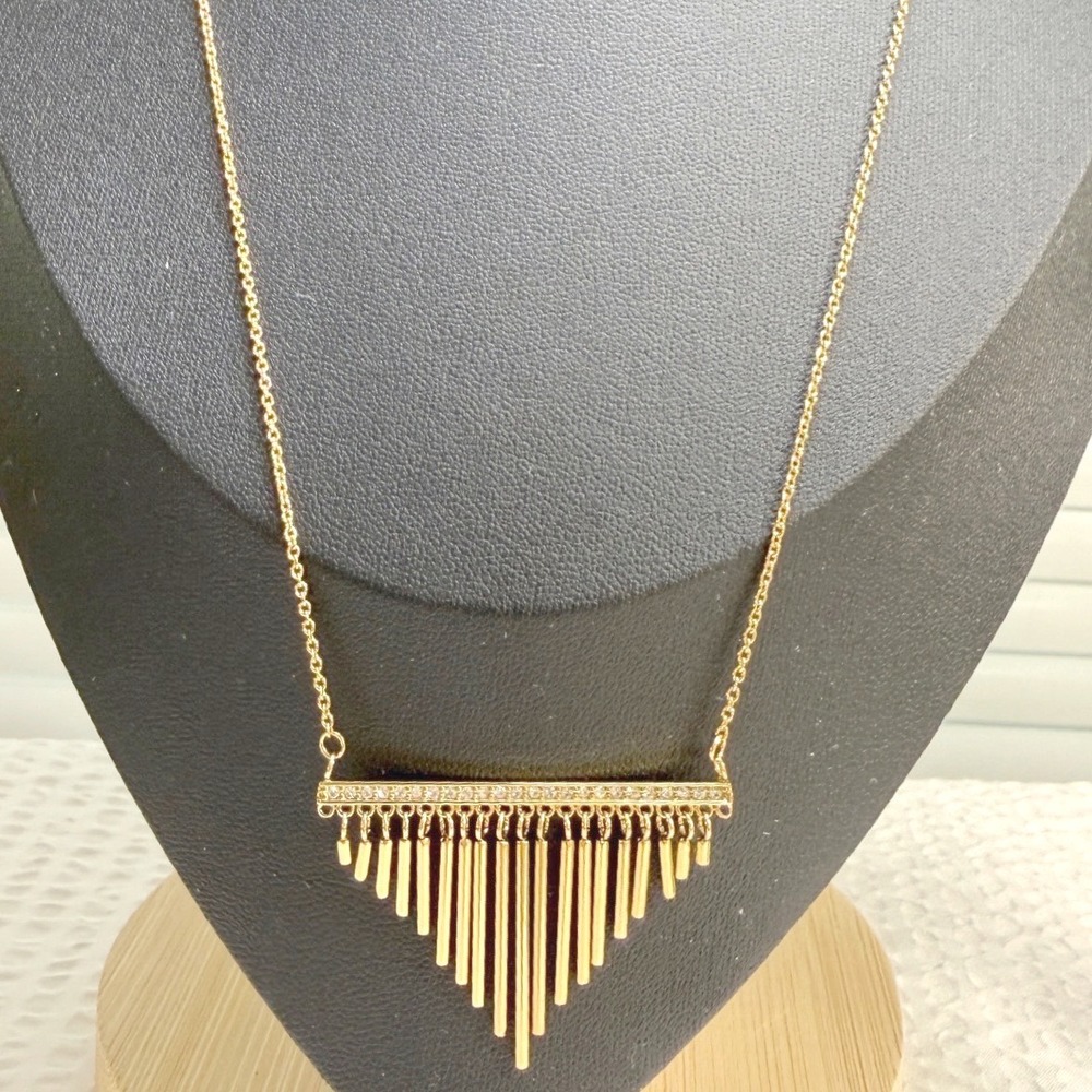 Stainless Steel Fringe Bib Necklace Women Gold Tone Crystal Geometric Statement